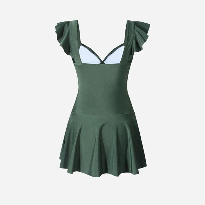 Solid Color Flare Swim Dress With Mesh Waist By