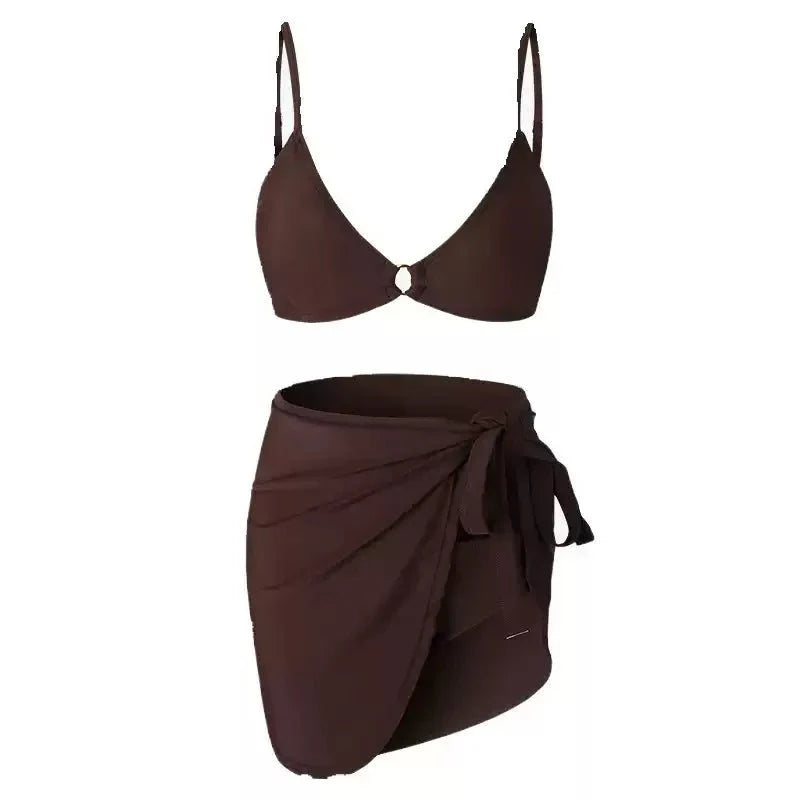 Solid Color Two Piece Bikini Swimwear With Tieup Coverup By