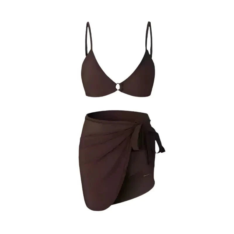 Solid Color Two Piece Bikini Swimwear With Tieup Coverup By