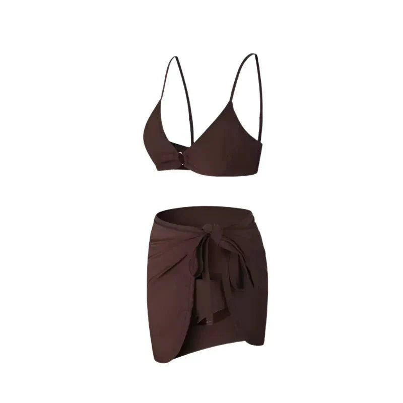 Solid Color Two Piece Bikini Swimwear With Tieup Coverup By