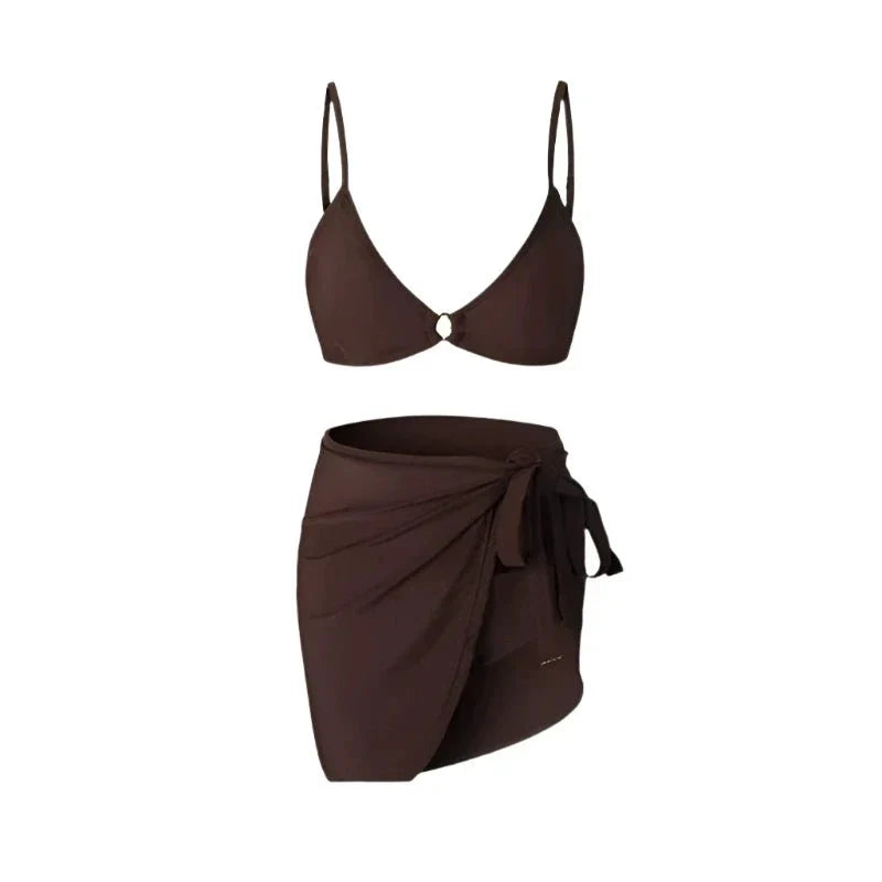 Solid Color Two Piece Bikini Swimwear With Tieup Coverup By