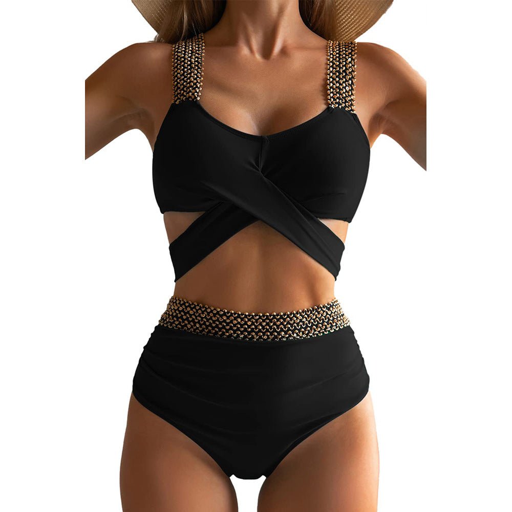 Solid Color With Golden Sequence Straps High Waist Two Piece Swimwear By