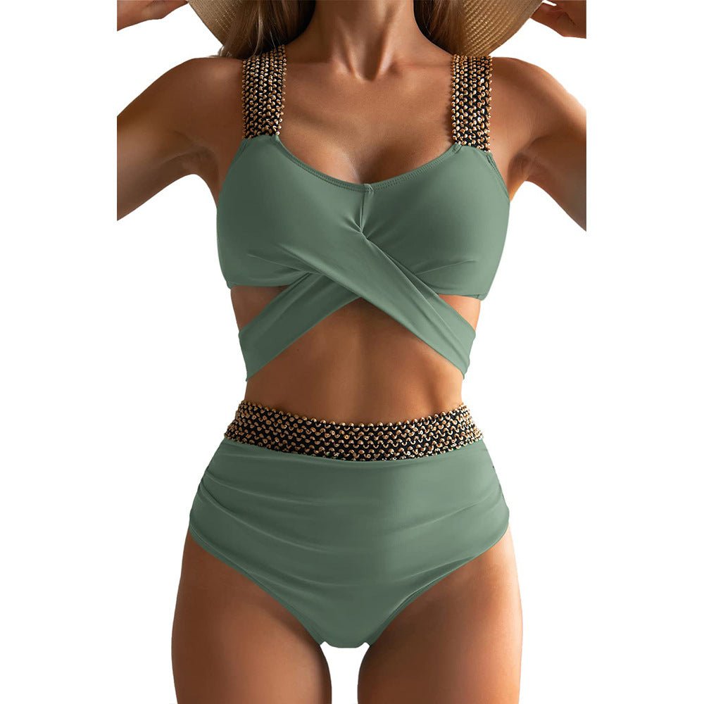 Solid Color With Golden Sequence Straps High Waist Two Piece Swimwear By