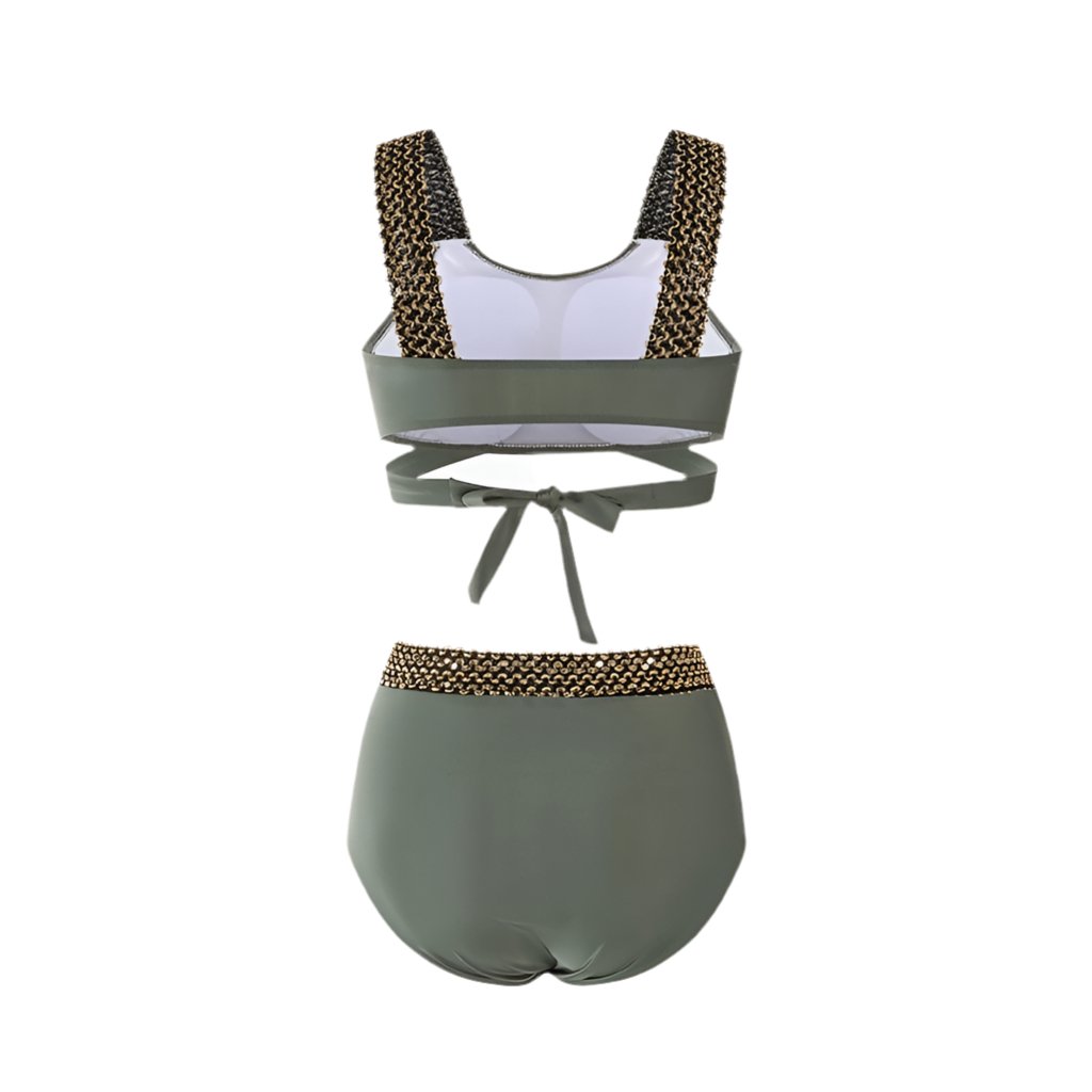 Solid Color With Golden Sequence Straps High Waist Two Piece Swimwear By