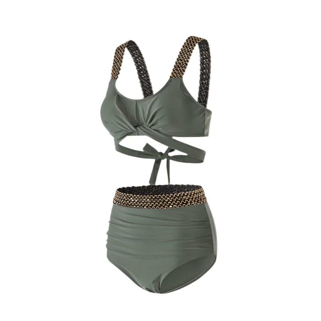 Solid Color With Golden Sequence Straps High Waist Two Piece Swimwear By