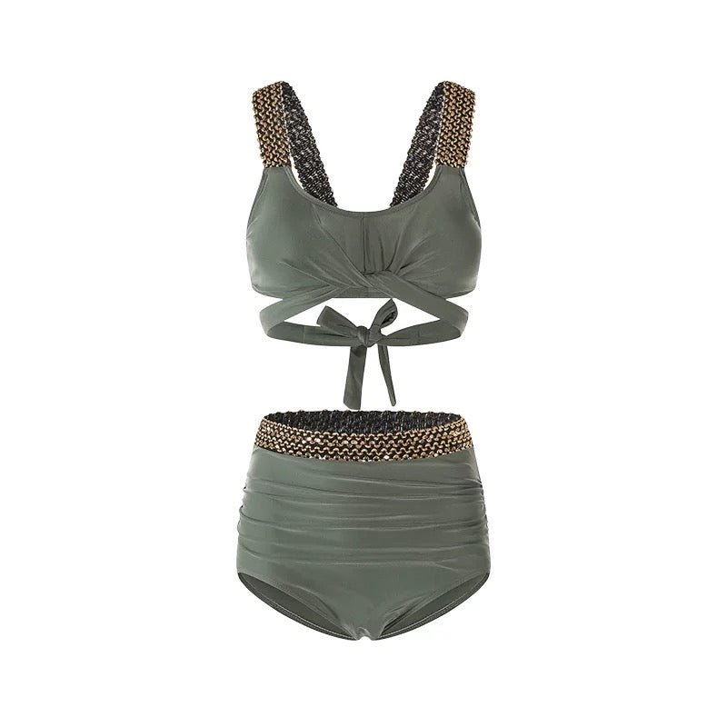 Solid Color With Golden Sequence Straps High Waist Two Piece Swimwear By