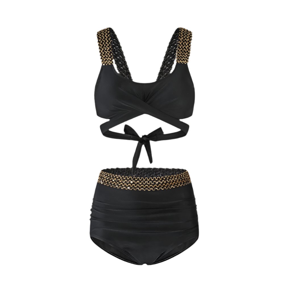 Solid Color With Golden Sequence Straps High Waist Two Piece Swimwear By
