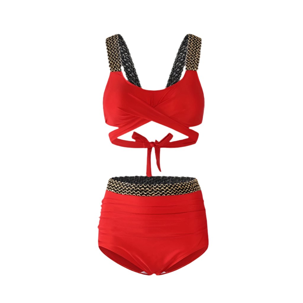 Solid Color With Golden Sequence Straps High Waist Two Piece Swimwear By