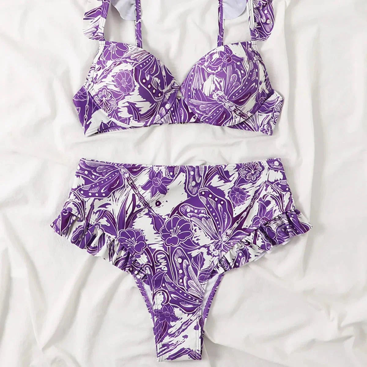 Three Peice Ruffle Trim High Waisted Bikini Set With Tie Around Skirt By