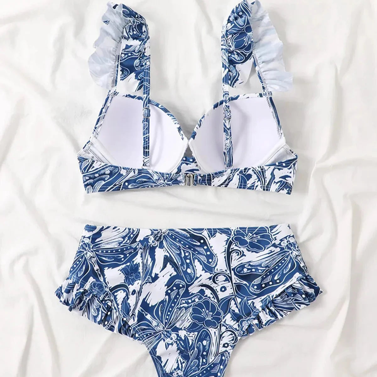 Three Peice Ruffle Trim High Waisted Bikini Set With Tie Around Skirt By