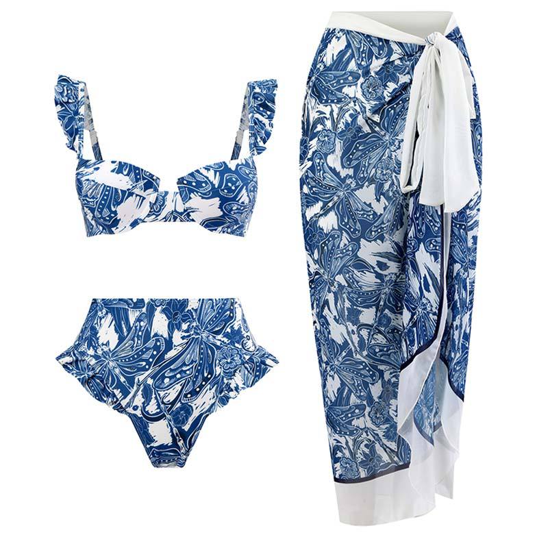Three Peice Ruffle Trim High Waisted Bikini Set With Tie Around Skirt By