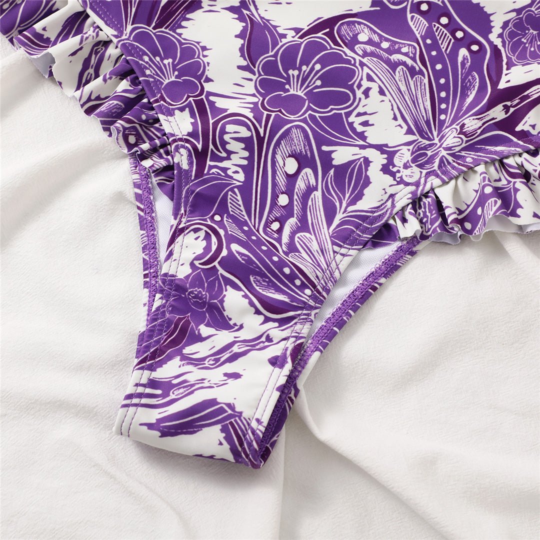 Three Peice Ruffle Trim High Waisted Bikini Set With Tie Around Skirt By
