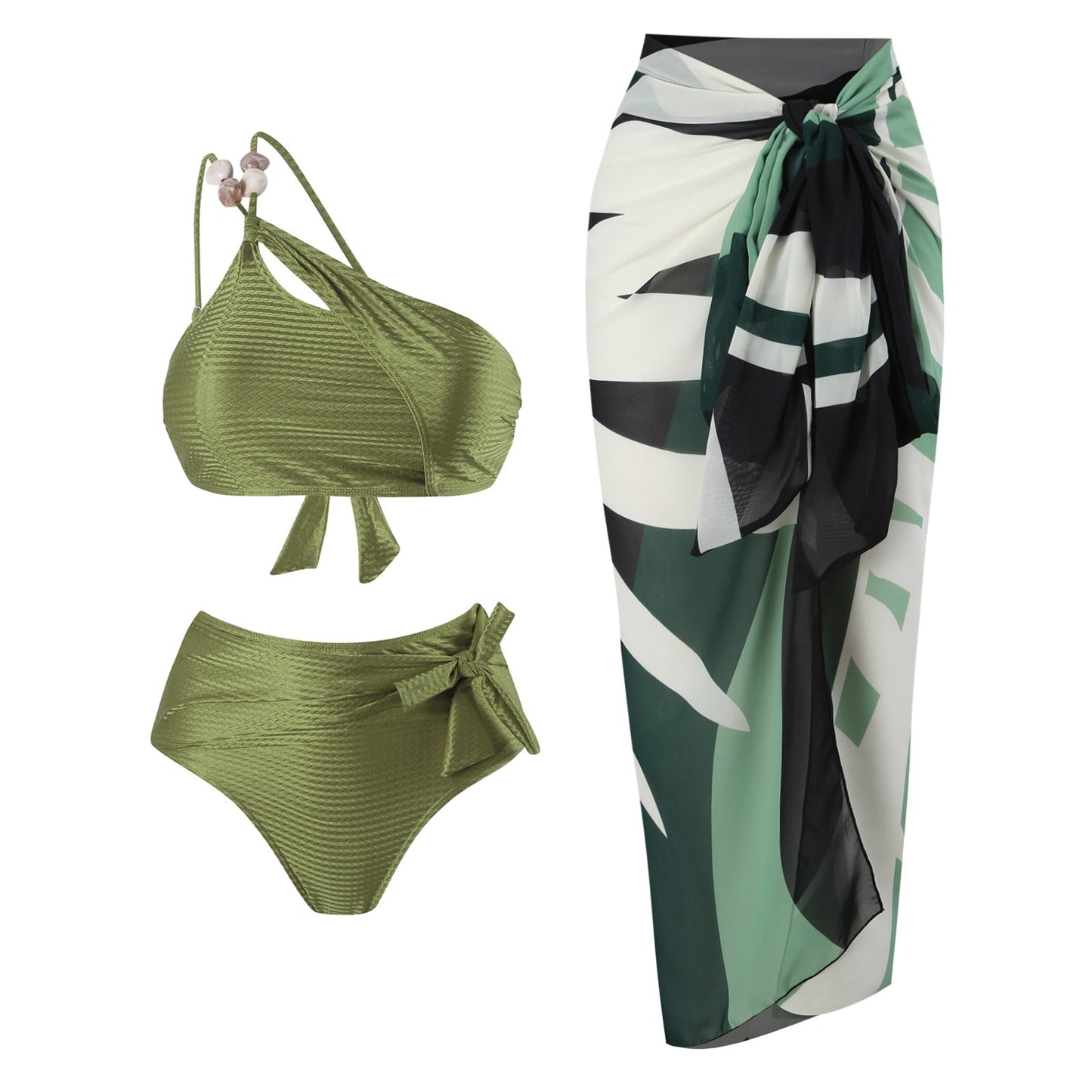 Three Piece High Waist Bikini Swim Set With Sarong By