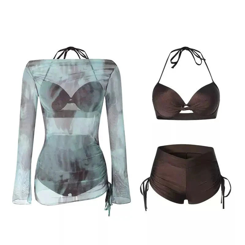 Two Piece Halter Neck High Waist Swinwear With Coverup Dress By