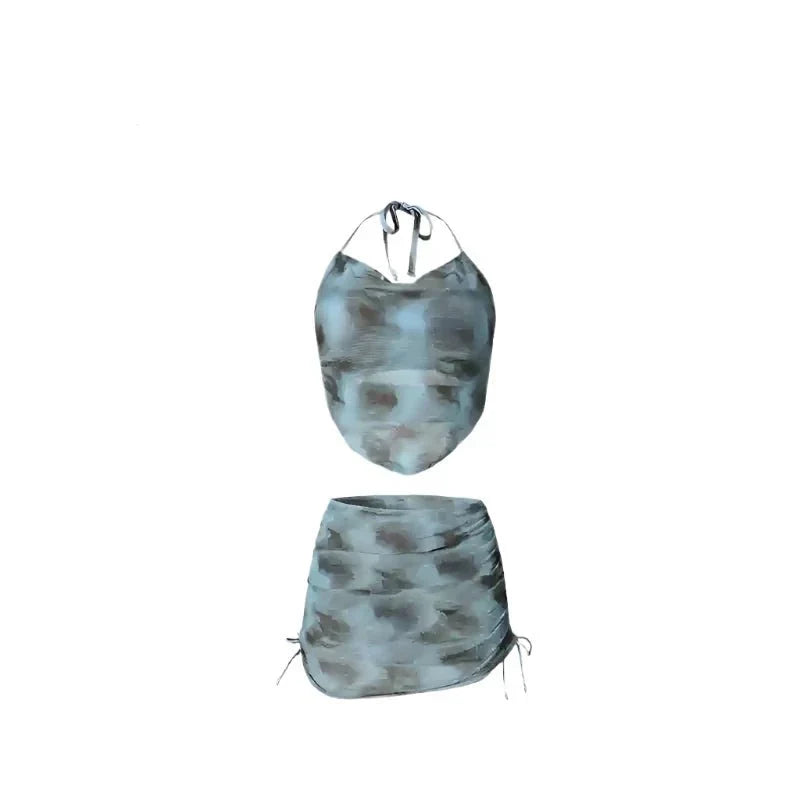 Two Piece Halter Neck Swimwear With Ruched Coverup Skirt By