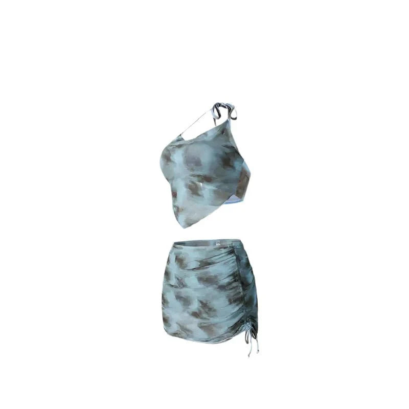 Two Piece Halter Neck Swimwear With Ruched Coverup Skirt By