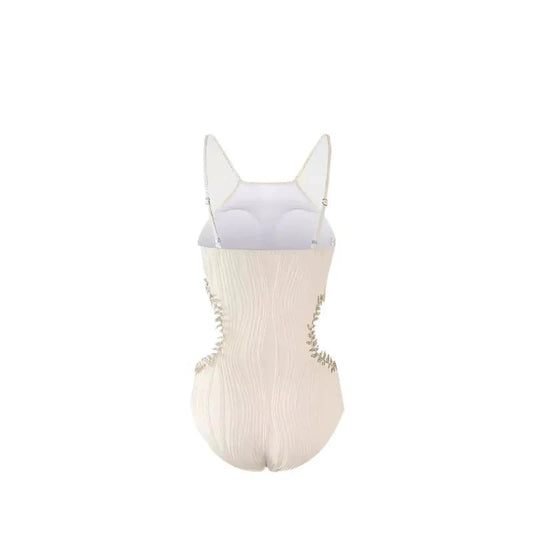 Beige Embellished Side Cutout Monokini Swimwear By