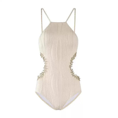 Beige Embellished Side Cutout Monokini Swimwear By