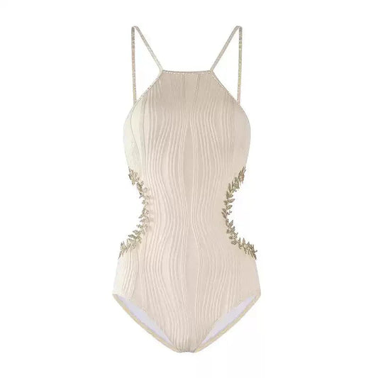 Beige Embellished Side Cutout Monokini Swimwear By