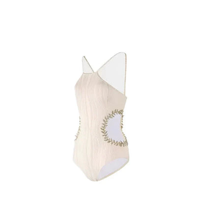 Beige Embellished Side Cutout Monokini Swimwear By