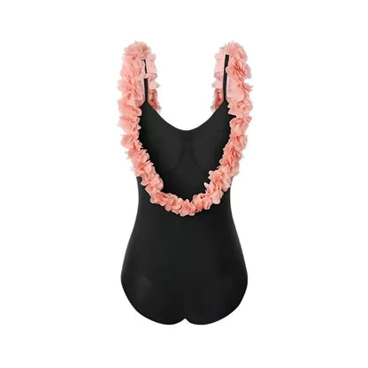 Black Backless Monokini With 3D Flower Swimwear By