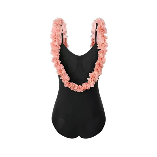 Black Backless Monokini With 3D Flower Swimwear By