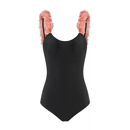 Black Backless Monokini With 3D Flower Swimwear By