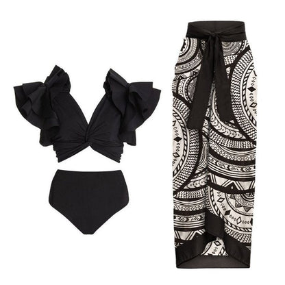 Black Ruffle Sleeves High Waisted Two Piece Swim Wear With Printed Sarong By