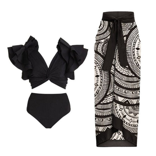 Black Ruffle Sleeves High Waisted Two Piece Swim Wear With Printed Sarong By