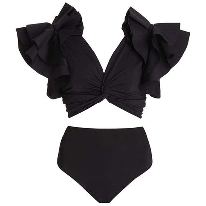 Black Ruffle Sleeves High Waisted Two Piece Swim Wear With Printed Sarong By