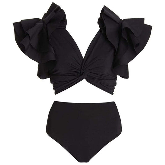 Black Ruffle Sleeves High Waisted Two Piece Swim Wear With Printed Sarong By