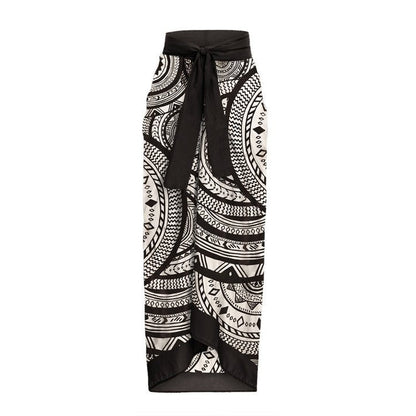 Black Ruffle Sleeves High Waisted Two Piece Swim Wear With Printed Sarong By