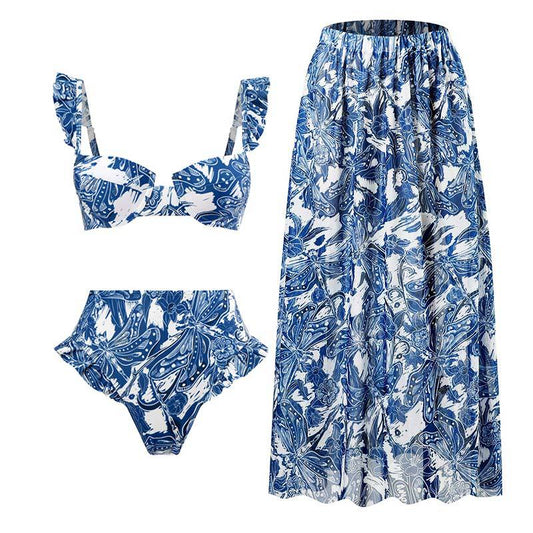 Blue Floral Print Retro Style Bikini Two Piece Swim Suit With Swing Skirt By