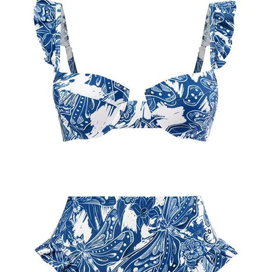 Blue Floral Print Retro Style Bikini Two Piece Swim Suit With Swing Skirt By