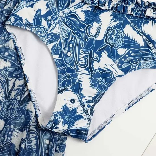 Blue Floral Print Retro Style Bikini Two Piece Swim Suit With Swing Skirt By