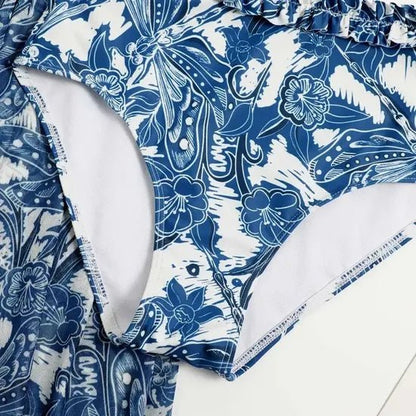 Blue Floral Print Retro Style Bikini Two Piece Swim Suit With Swing Skirt By