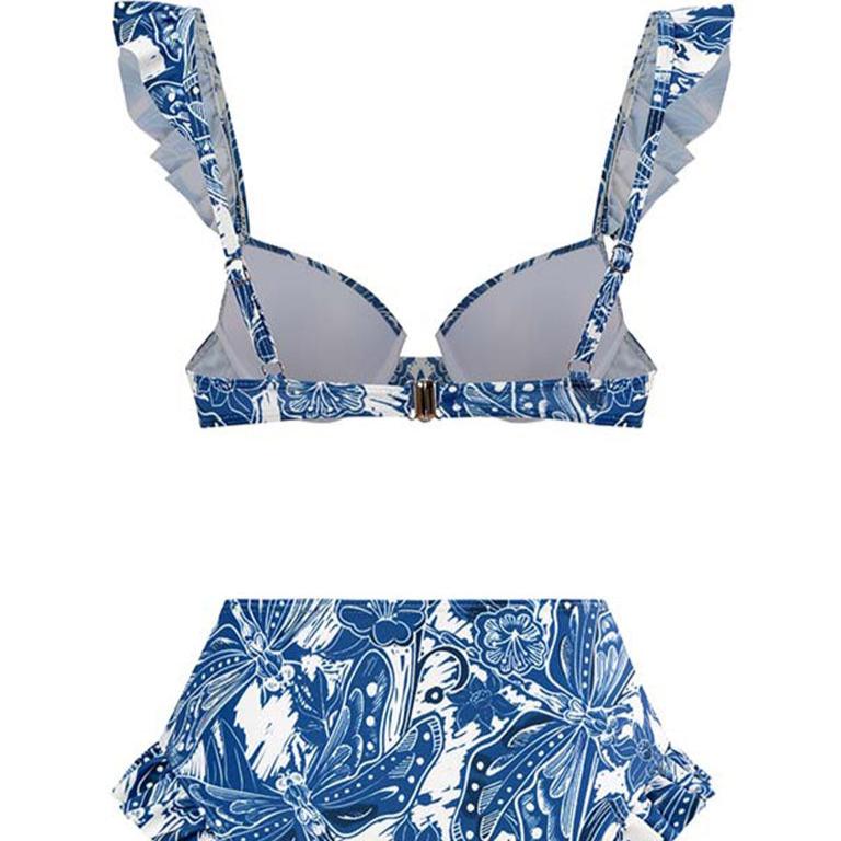 Blue Floral Print Retro Style Bikini Two Piece Swim Suit With Swing Skirt By