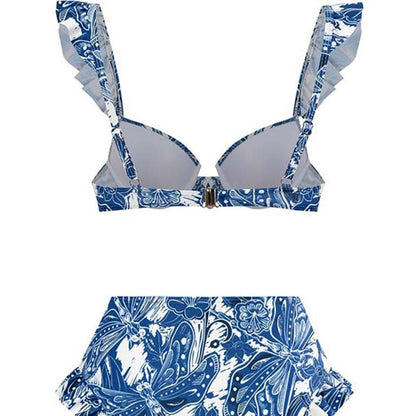 Blue Floral Print Retro Style Bikini Two Piece Swim Suit With Swing Skirt By