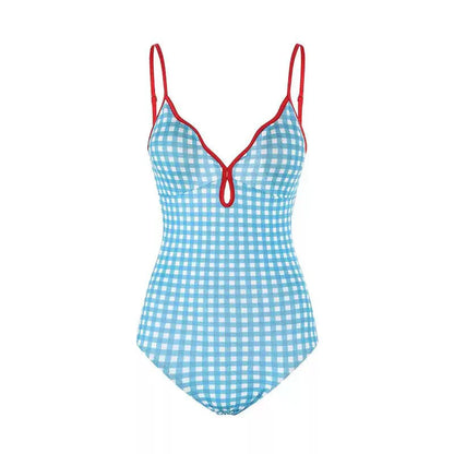 Blue Gingham Design With Red Straps Monokini By