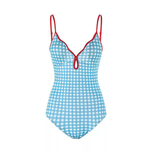 Blue Gingham Design With Red Straps Monokini By