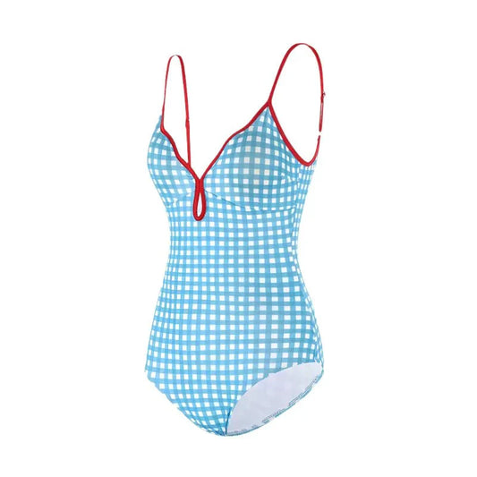 Blue Gingham Design With Red Straps Monokini By