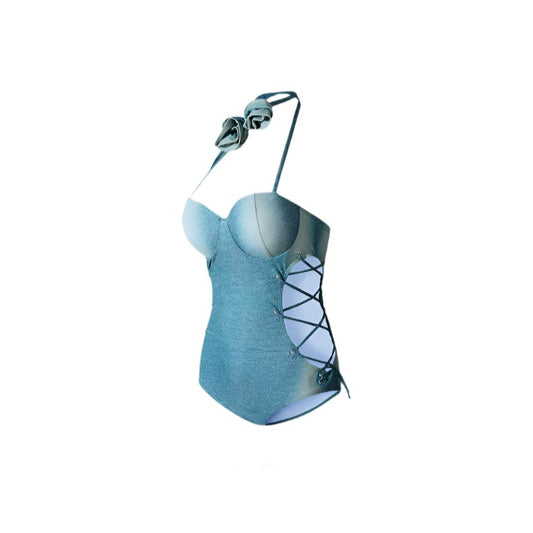 Blue Padded Denim Monokini - One Piece Swimsuit By