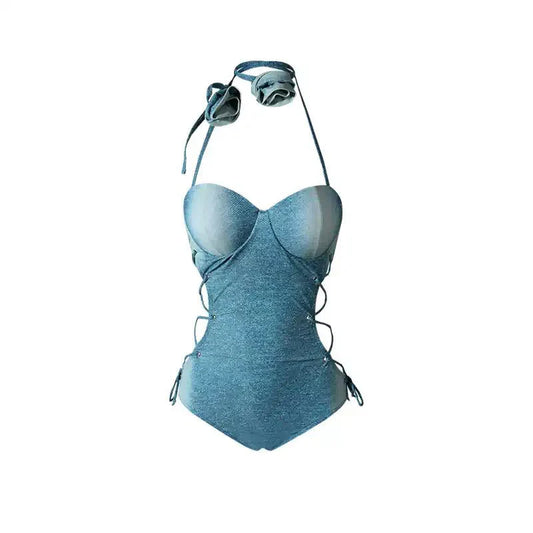 Blue Padded Denim Monokini - One Piece Swimsuit By