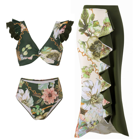 Dark Green Floral High Waisted Two Piece Swimsuit With Ruffled Pencil Skirt by