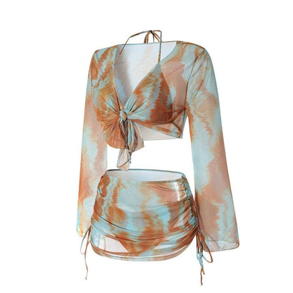 Dual Color Two Piece Tie Bikini With Shrug And Ruched Skirt Coverup By