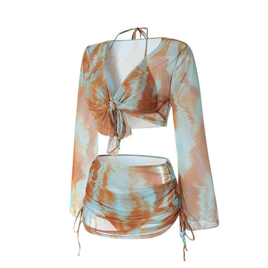Dual Color Two Piece Tie Bikini With Shrug And Ruched Skirt Coverup By