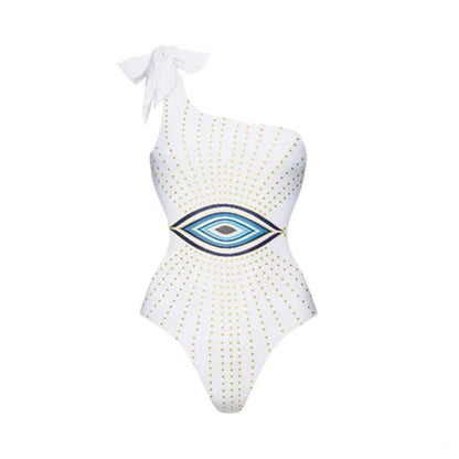 Evil Eye One Shoulder Monokini Swimwear with Flared Skirt By