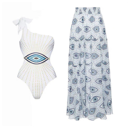 Evil Eye One Shoulder Monokini Swimwear with Flared Skirt By