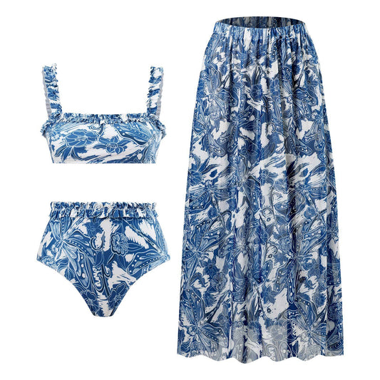 Floral Blue Straight Neck High Waisted Swim Wear With Flare Skirt By