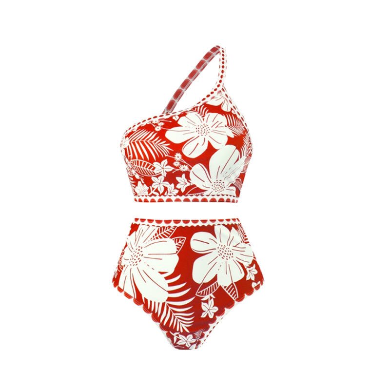Floral One Shoulder High Waist Bikini Swimwear With Coverup Skirt By